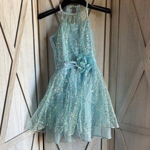 Revolution Glittery Blue Kids Dress with Floral Detail